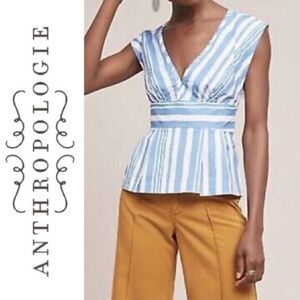 Tracy Reese x Anthropologie Blue striped Catamaran V-Neck Peplum Top Size Small